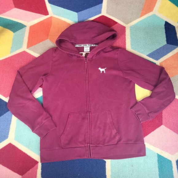 Victoria’s Secret PINK Burgundy Full Zip Up Hoodie Jacket Fuzzy Patch M - Picture 1 of 5